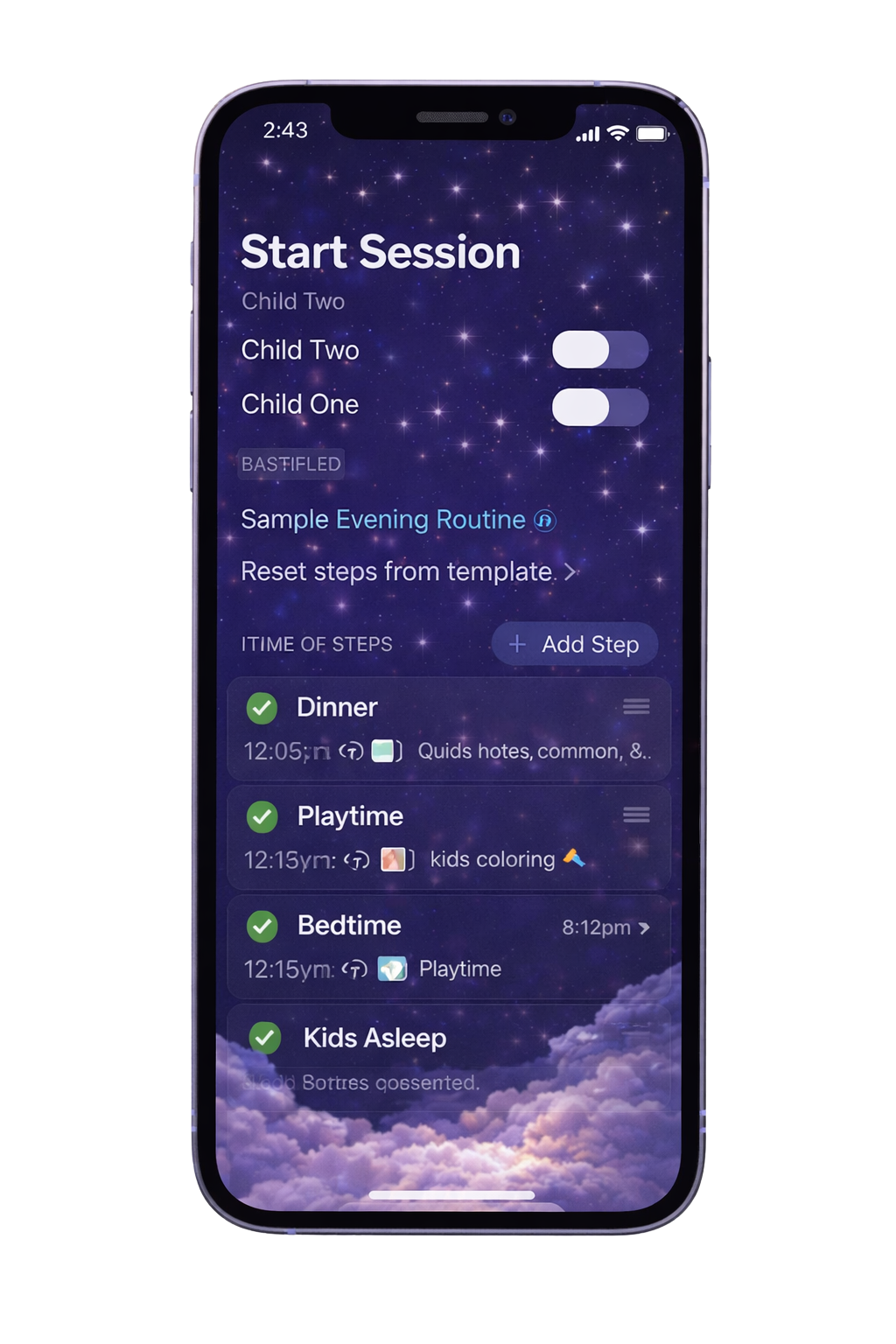 Babysitter Briefing app showing a live babysitting session timeline